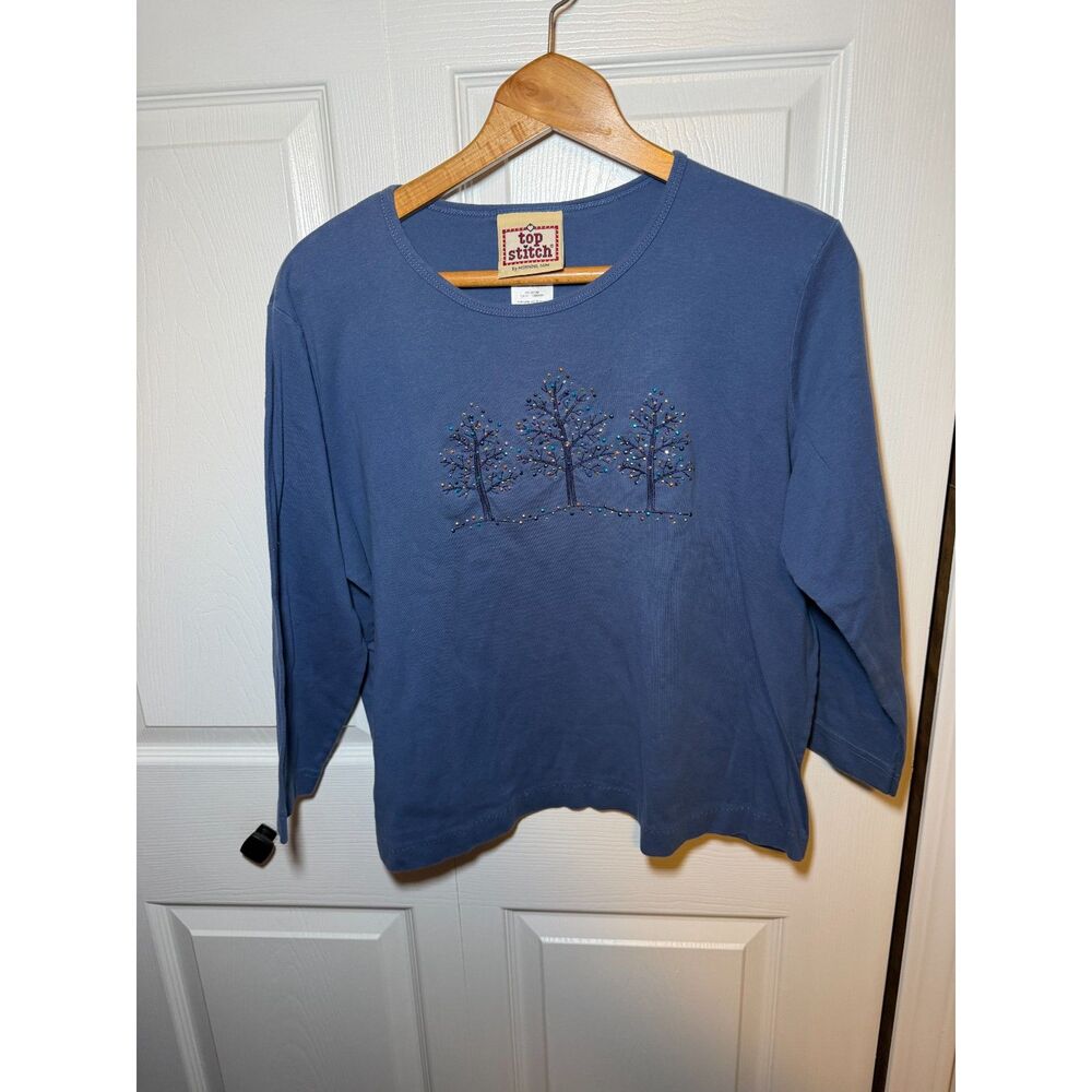 Top Stitch by Morning Sun XL Blue Embellished Tree 3/4 Sleeve Knit Top